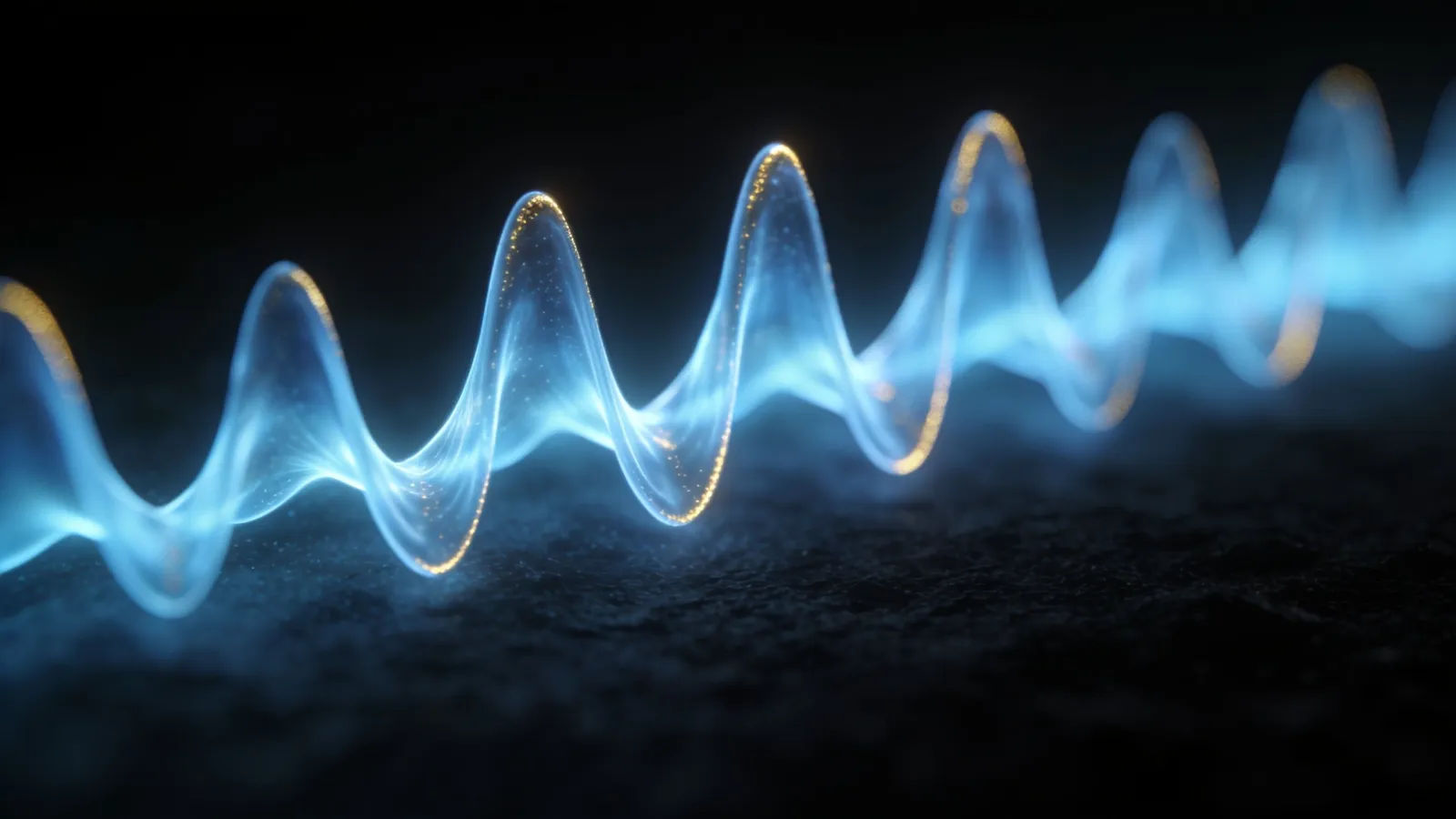 Steady cool-blue gold-edged waveform through dark