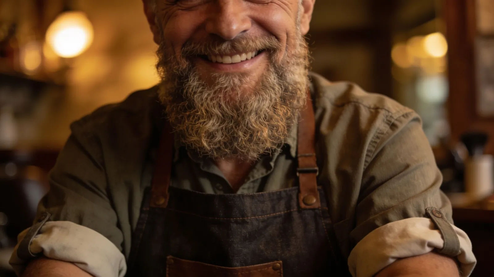 Friendly seasoned barber in warm tungsten portrait light