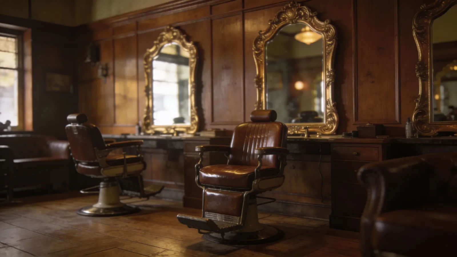 Vintage barbershop interior with leather chairs and mirrors