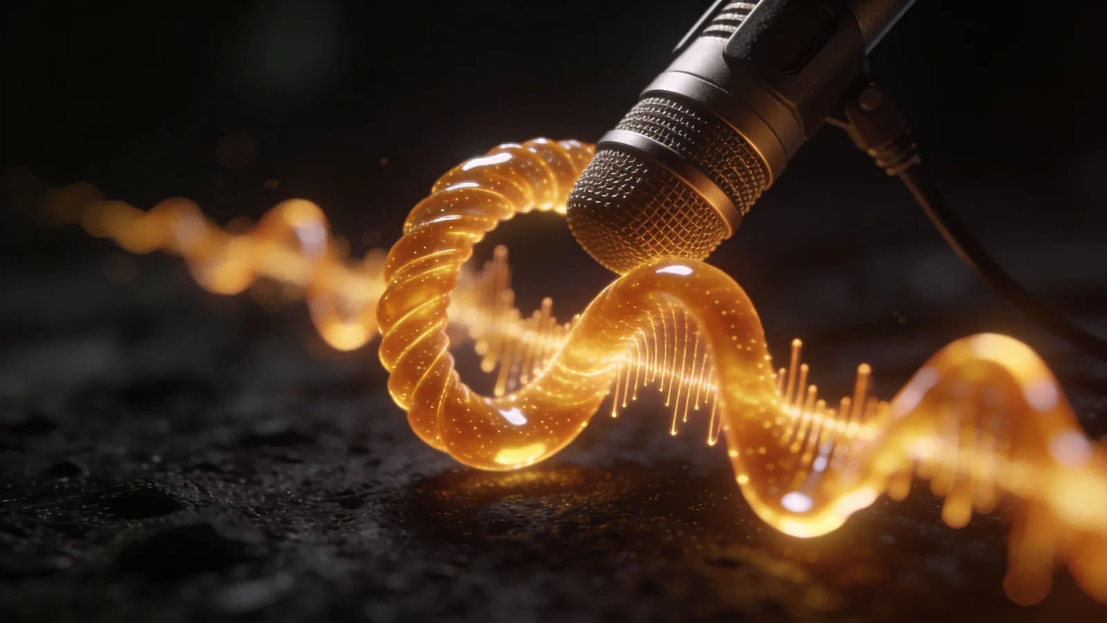 Warm honey-toned waveform curling around a microphone