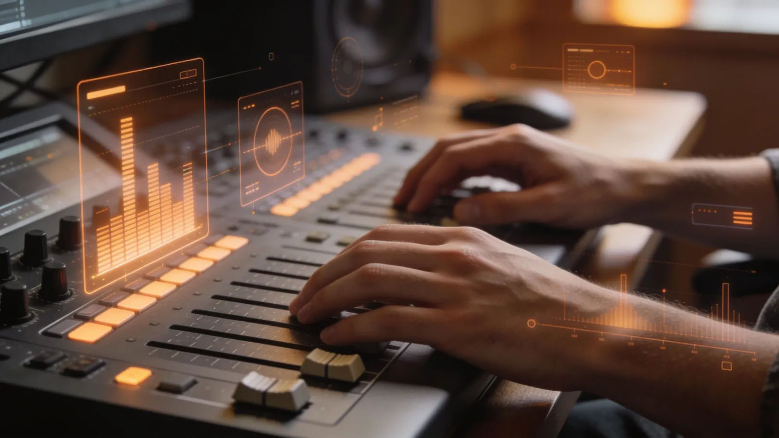Hands at console with warm floating audio interface
