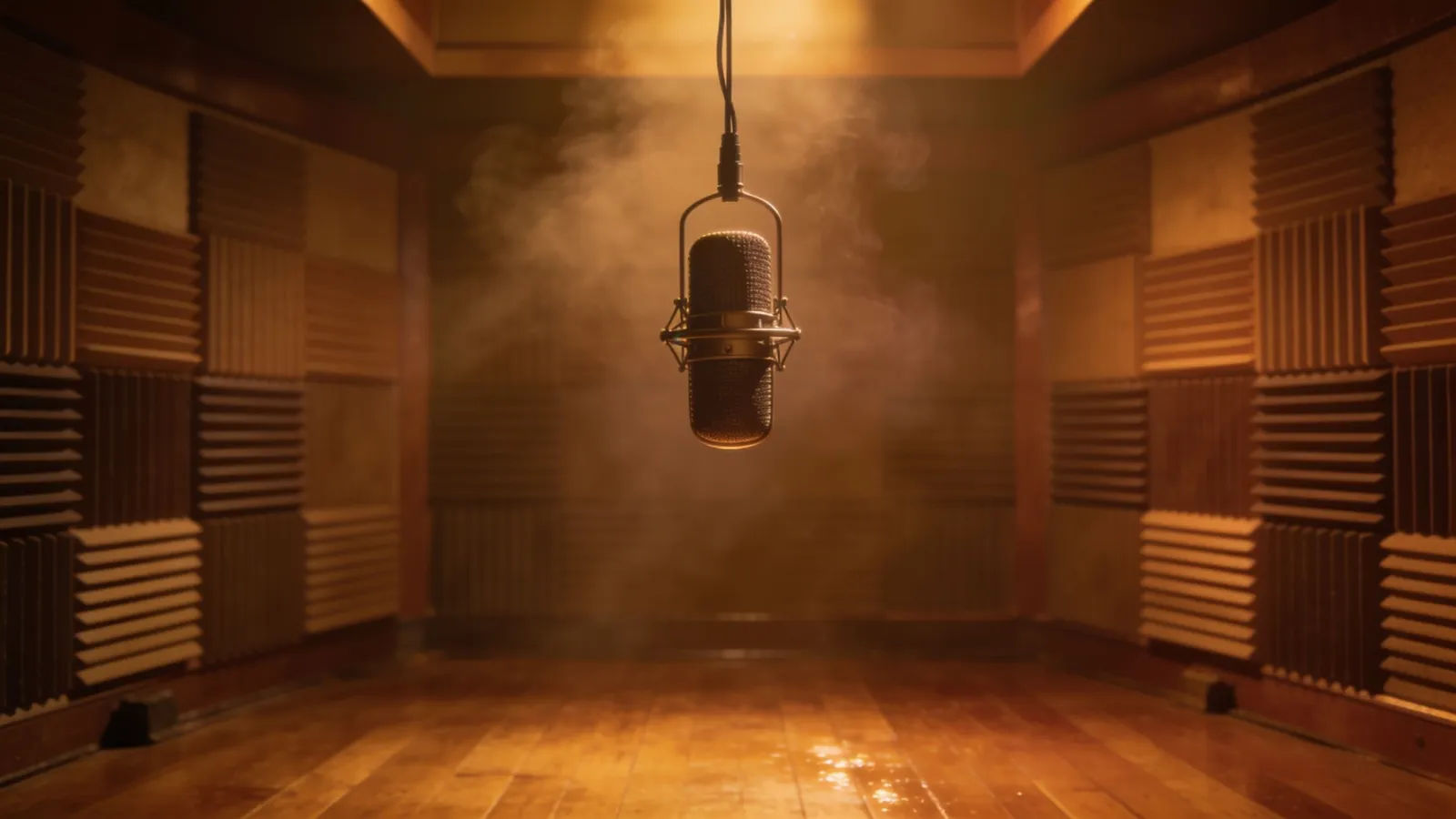 Warm vintage recording studio with suspended microphone