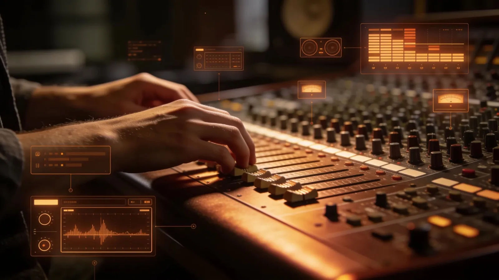 Hands at analog console with warm-amber audio interface