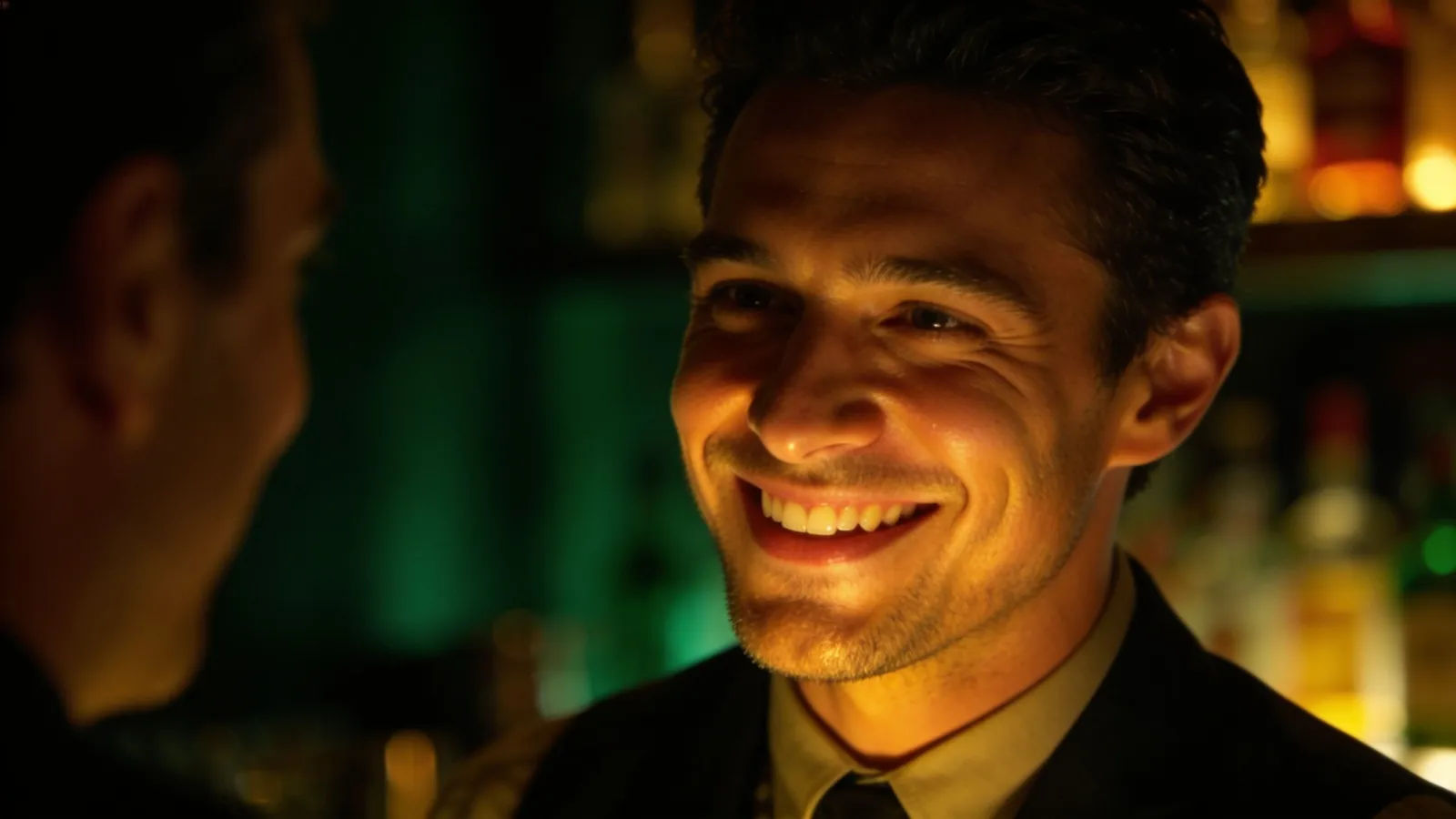 Charismatic bartender mid-conversation, moody amber portrait