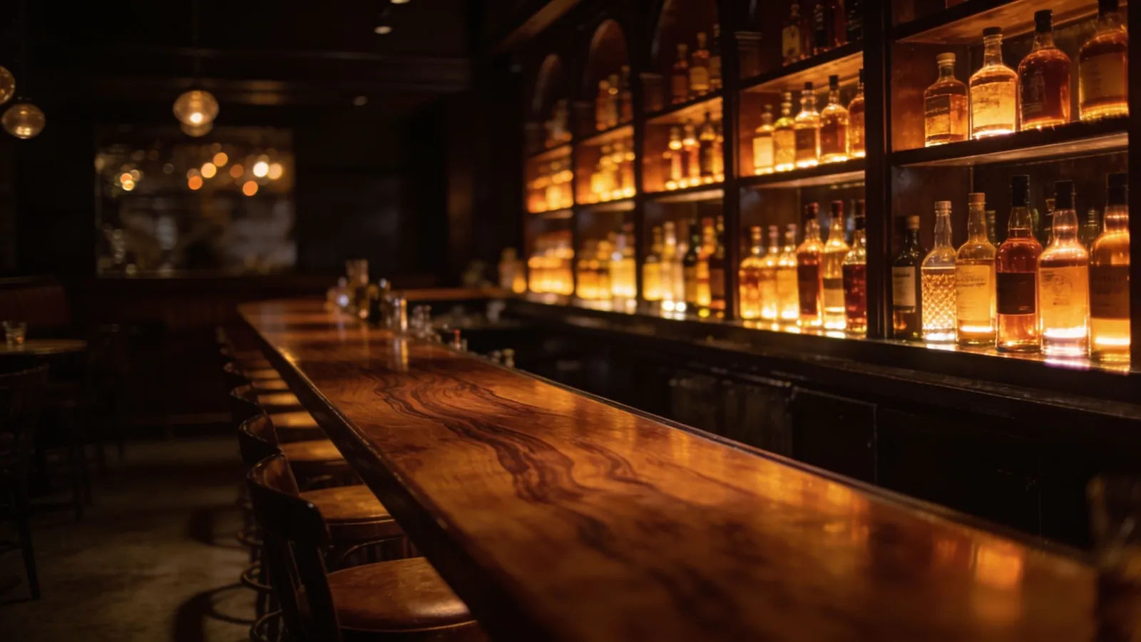 Dim upscale cocktail bar with backlit bottles