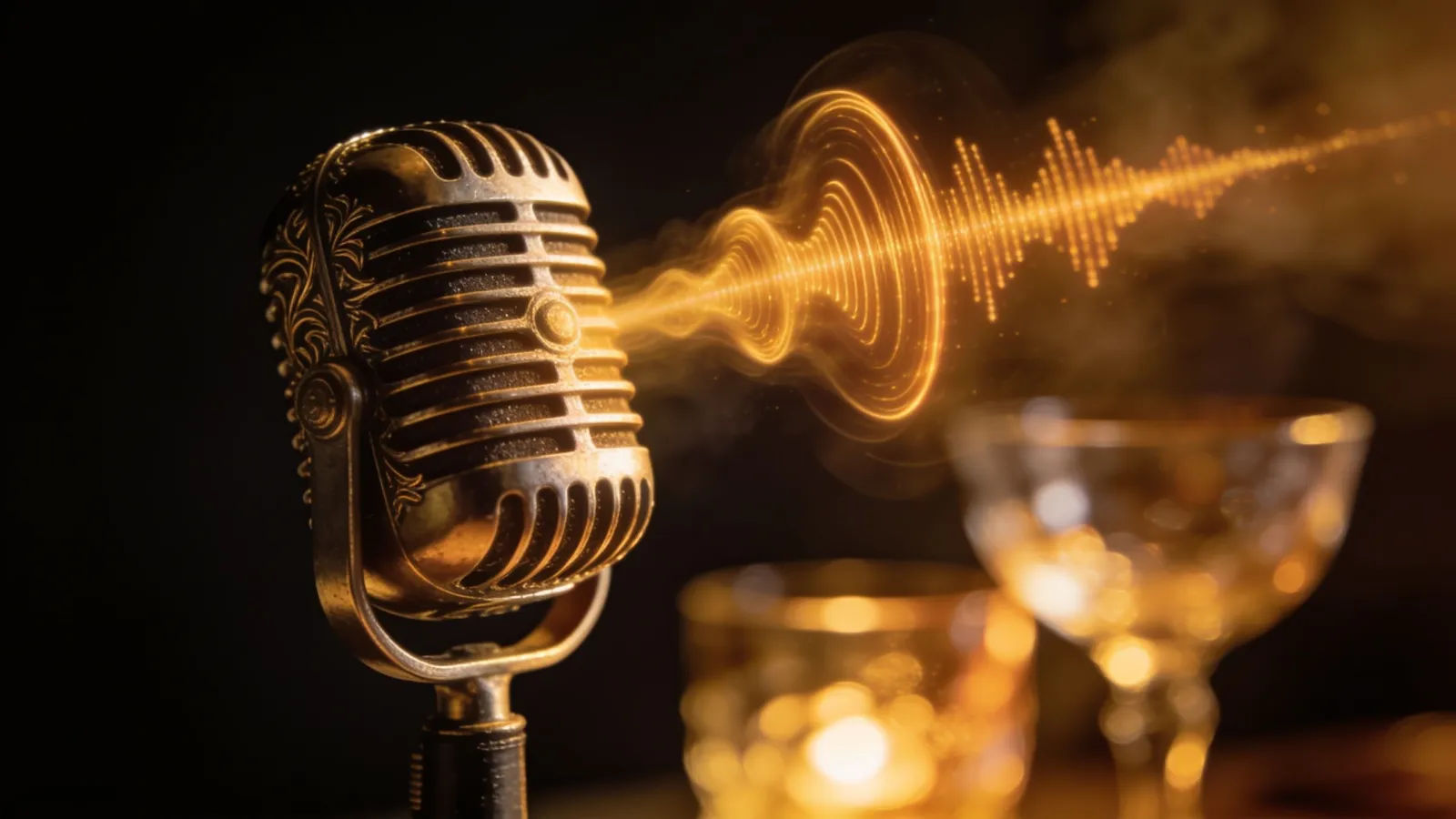 Golden soundwave swirling from microphone beside glassware