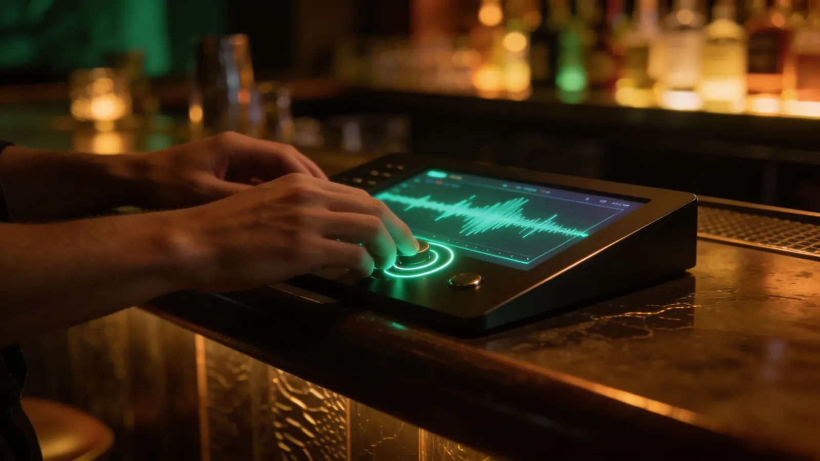 Hands at console beside dimly lit bar