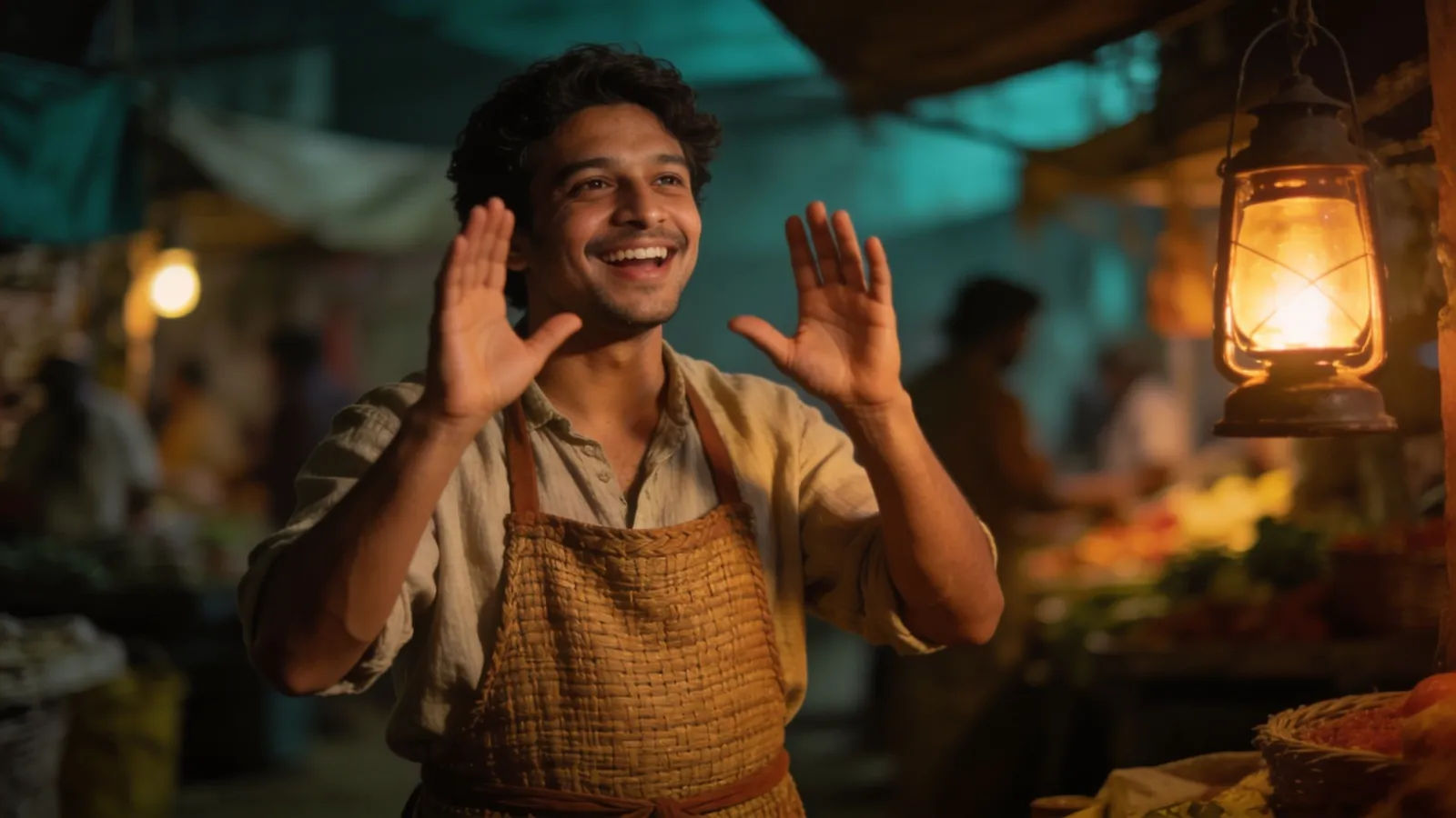 Lively market vendor mid-call in lantern light