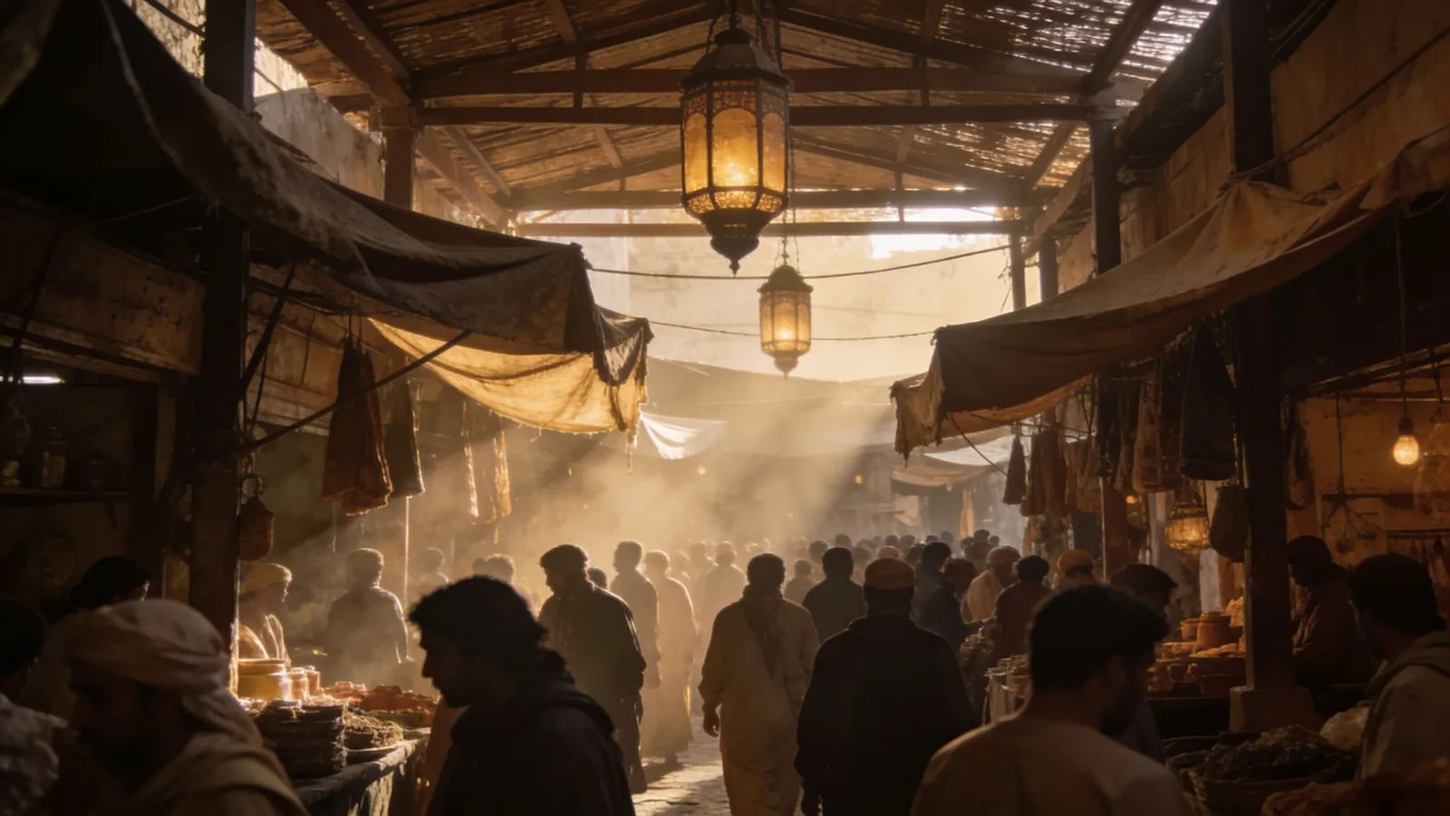 Crowded covered market alley at golden hour