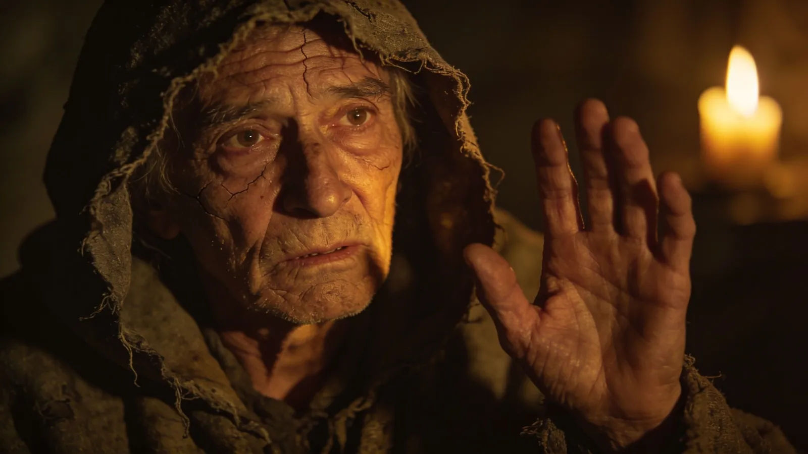Weathered old vagrant in tattered cloak, candlelit