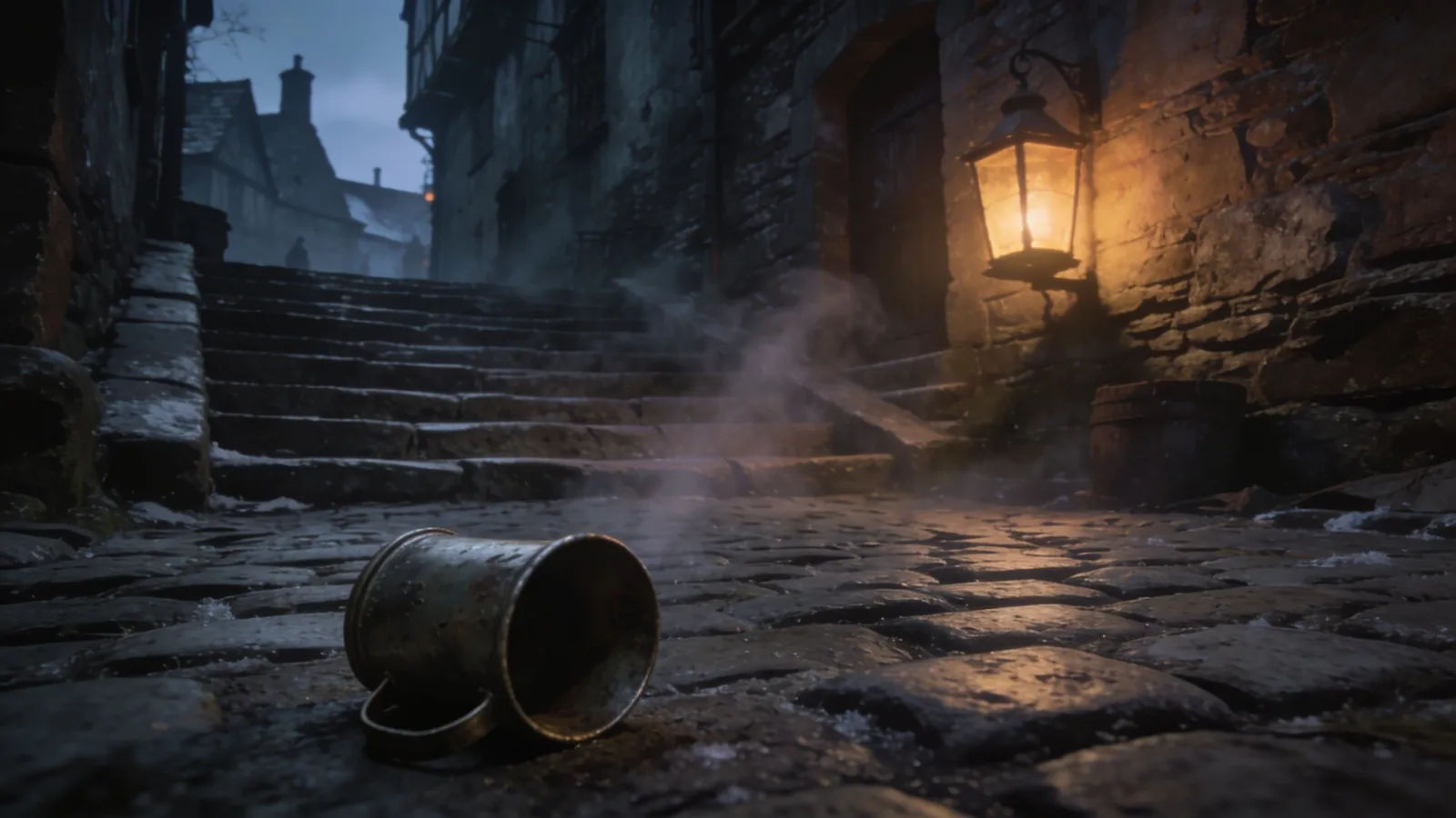 Dim cobblestone medieval alley at dusk