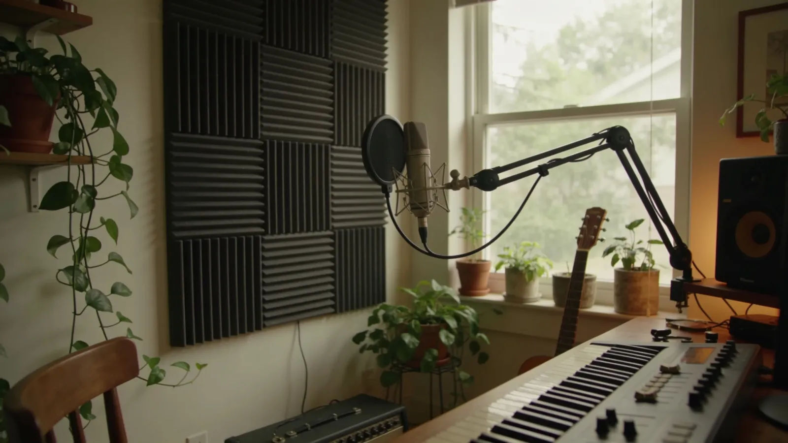 Cozy home recording nook in warm daylight