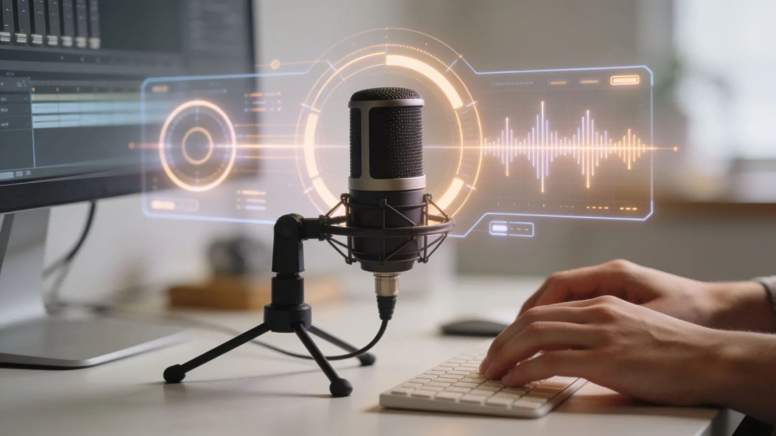 Hands at clean desk with studio microphone