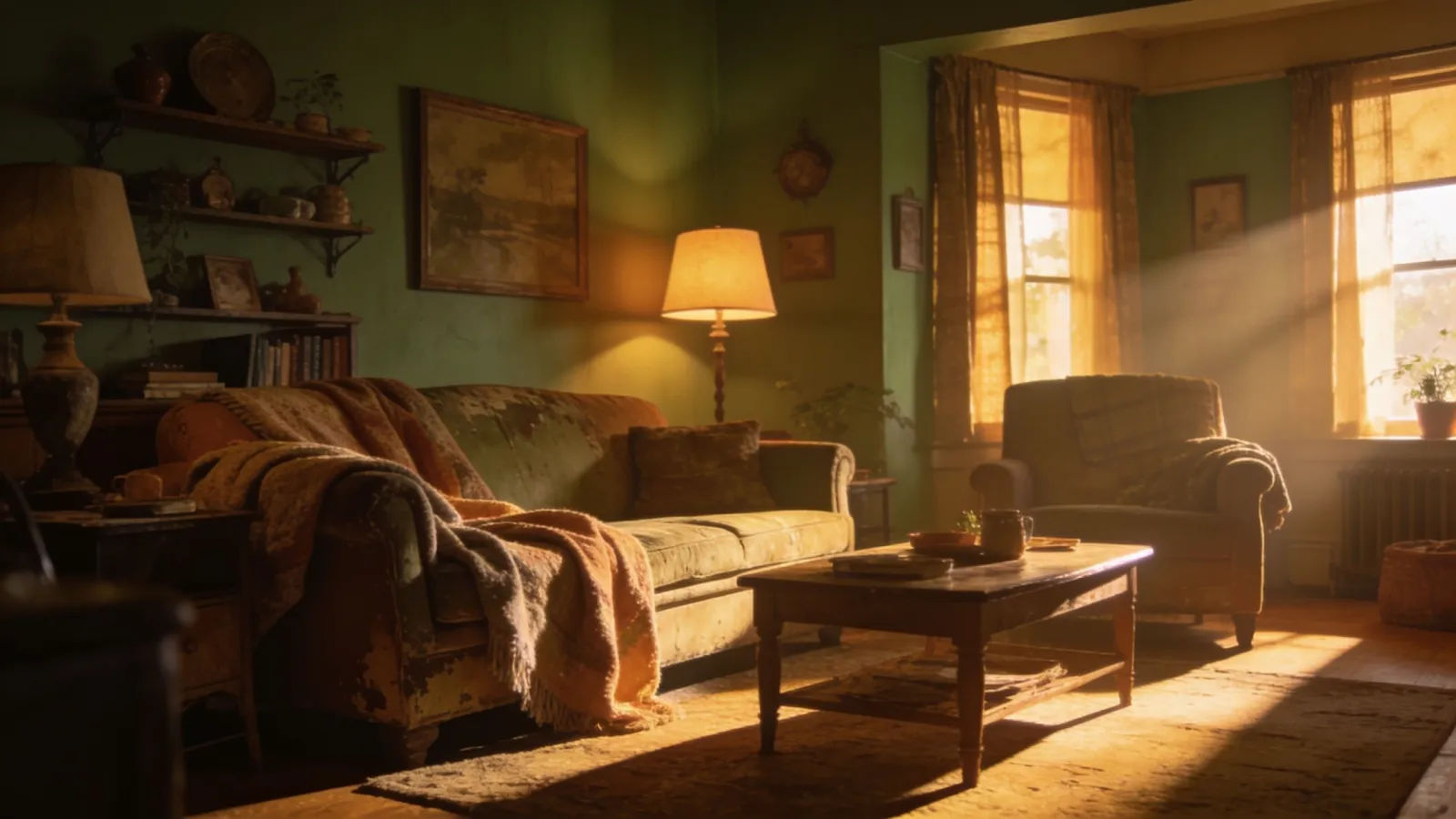 Cozy sunlit family living room at golden hour