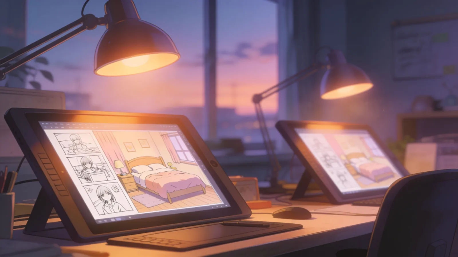 Animation and visual-novel studio at dusk