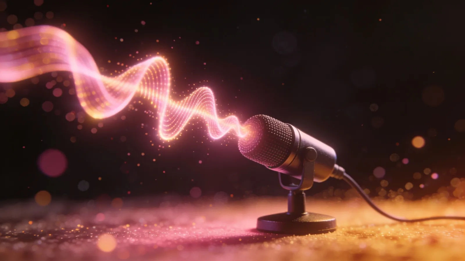 Soft glowing waveform rising from a microphone