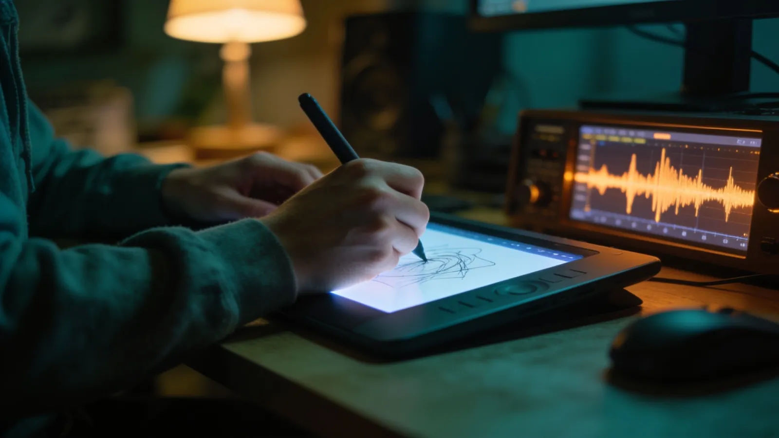 Creator sketching on a tablet beside audio display