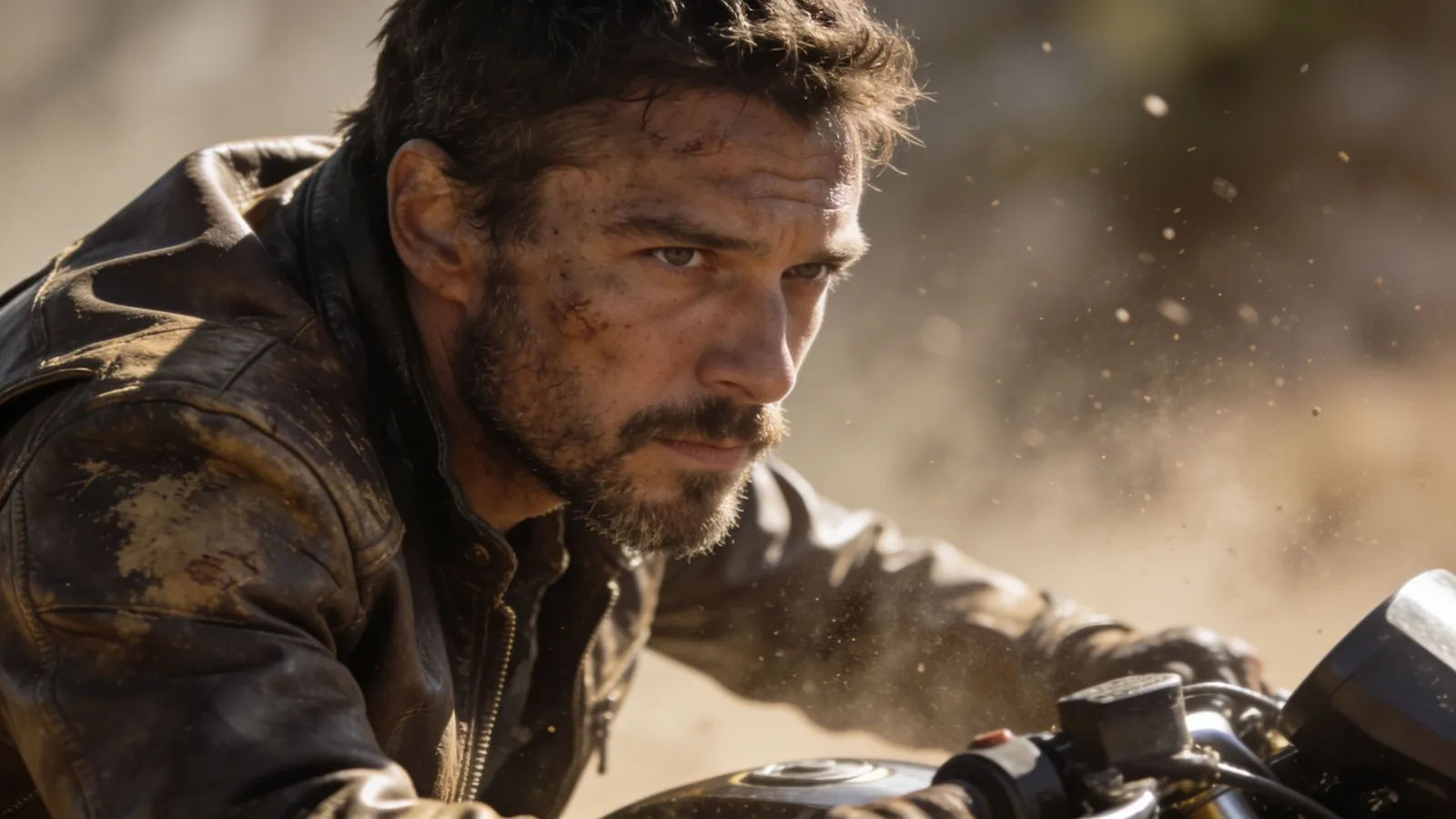 Rugged weathered rider in worn leather jacket