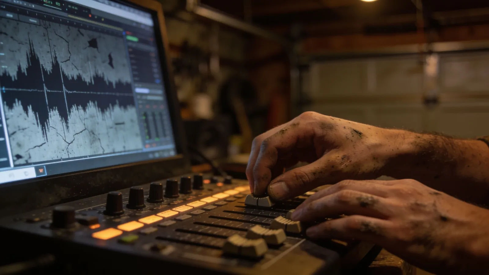 Grease-worn hands at console with rugged waveform screen