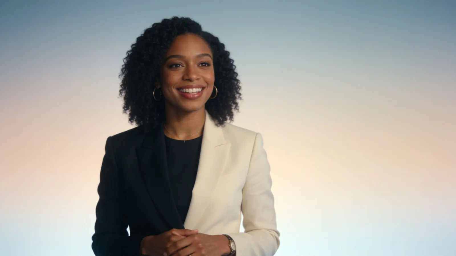 Poised multicultural host with warm engaging expression
