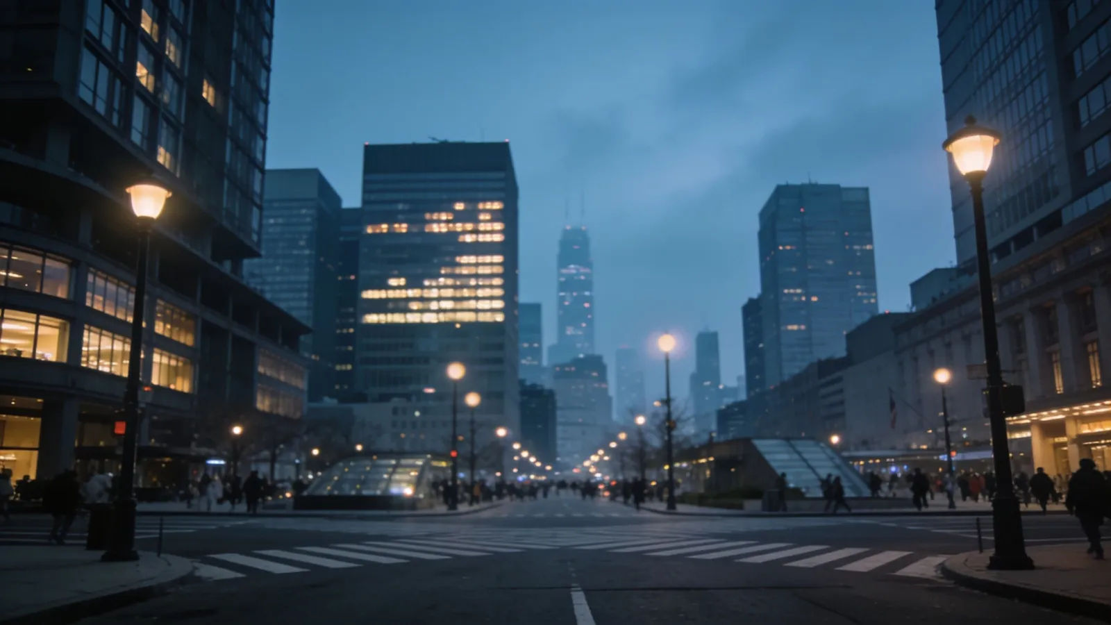 Cosmopolitan city crossroads at blue hour, soft bokeh