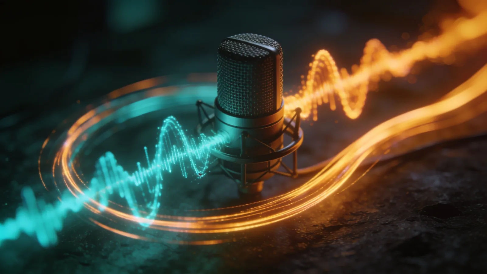Two teal and amber waveforms around a microphone