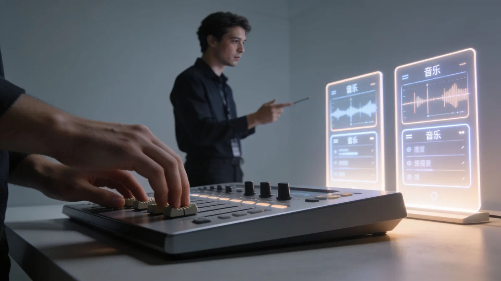 Hands at console with dual-language glowing audio panels
