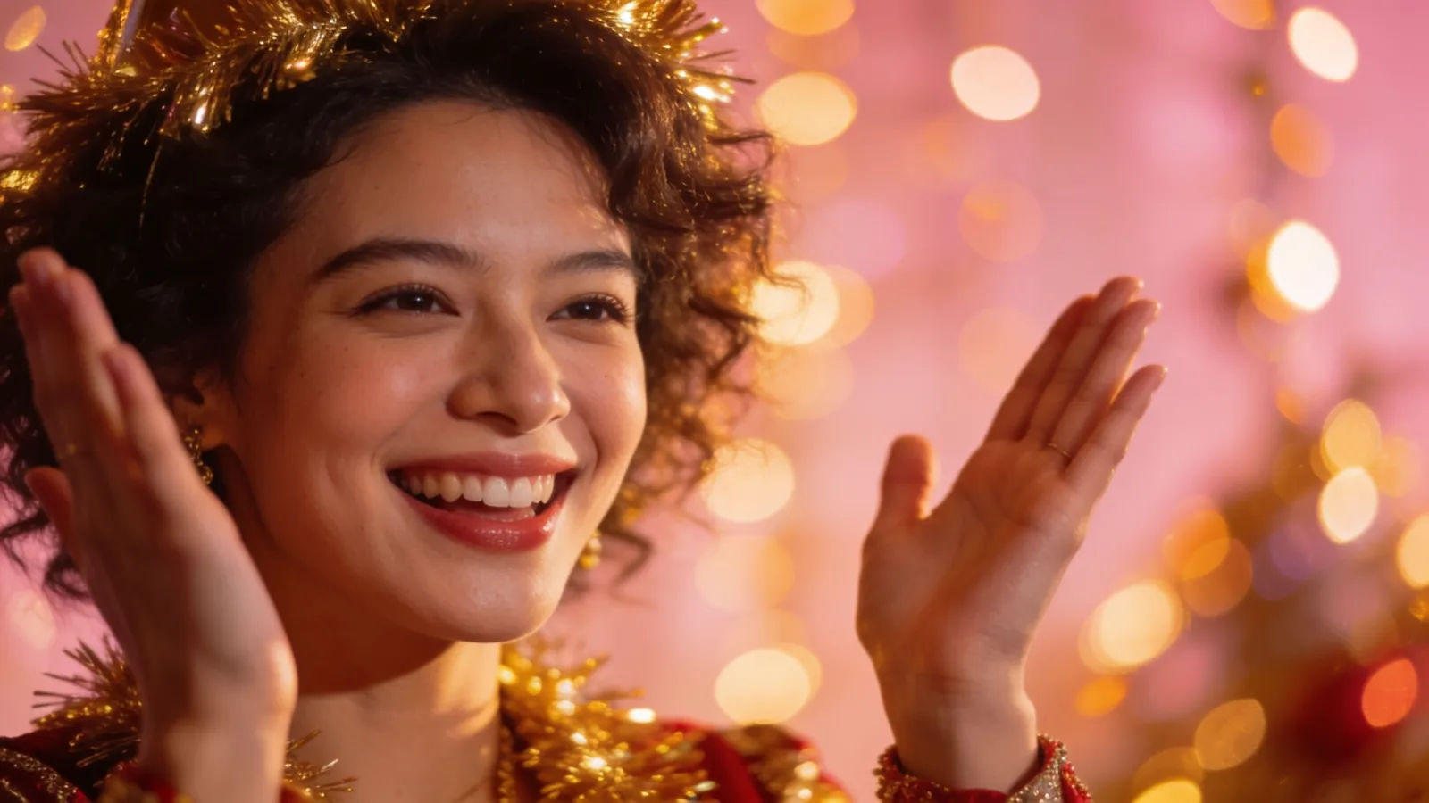 Joyful person mid-celebration in warm rose-gold bokeh light