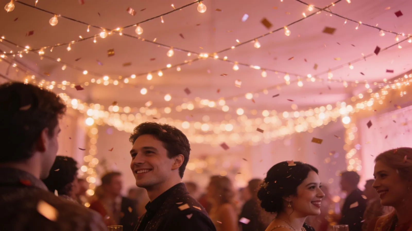 Festive party scene with string lights and confetti