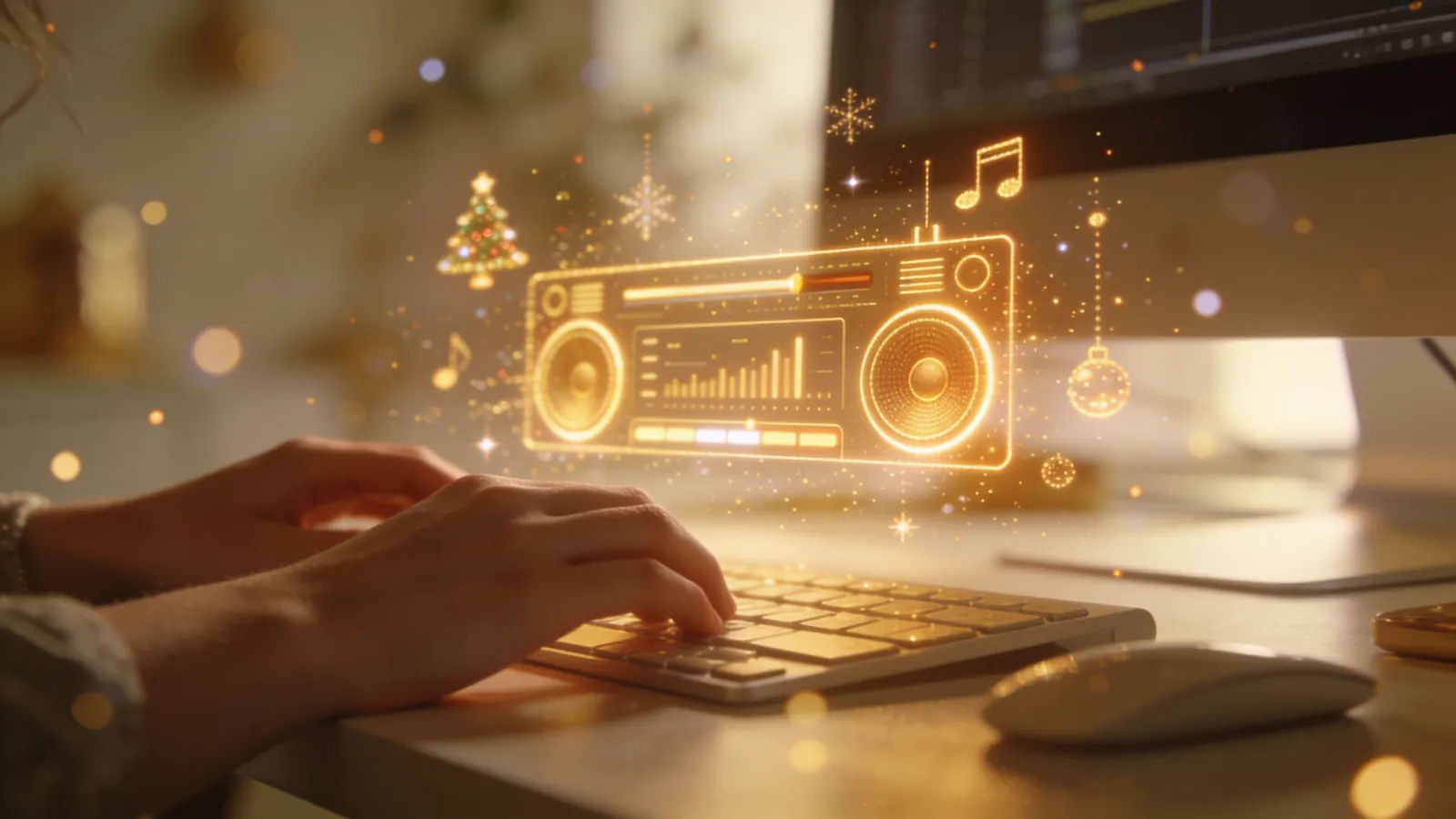 Hands at desk with festive warm-gold audio interface