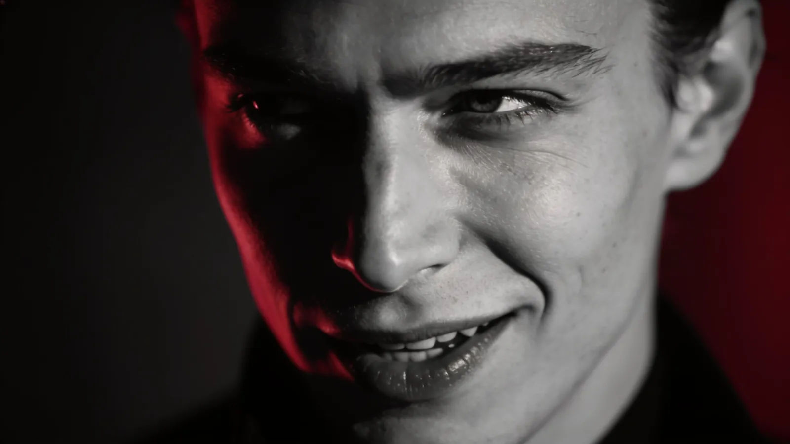 Sardonic figure with cutting smirk, crimson portrait