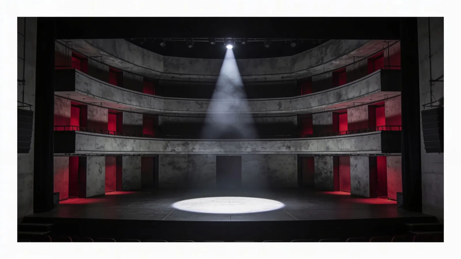 Shadowy satirical stage under harsh spotlight