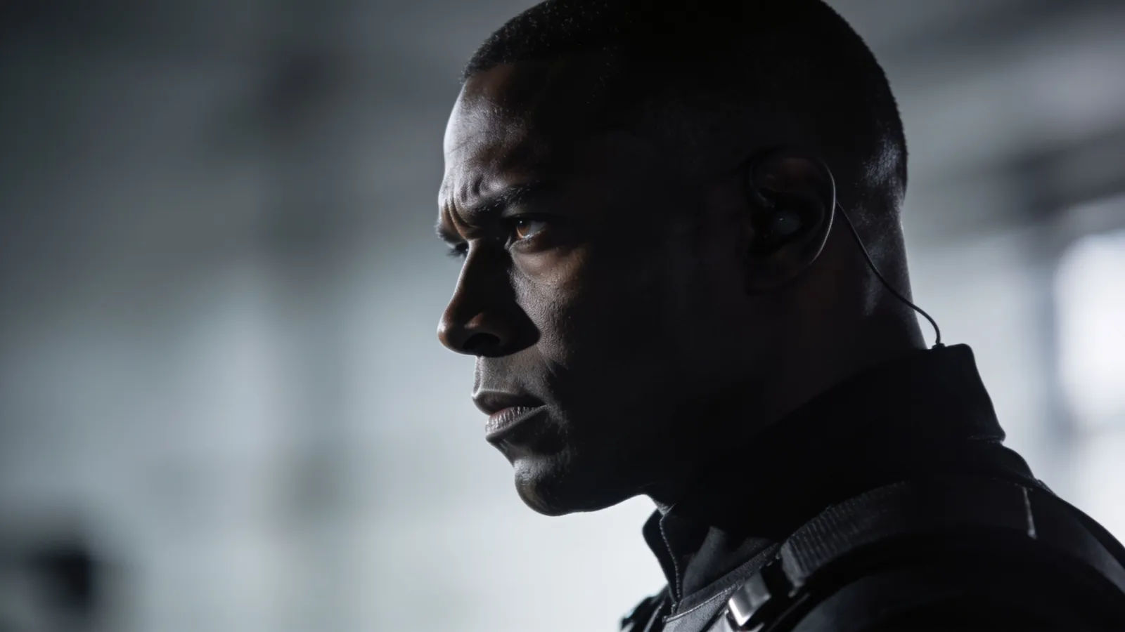 Stern imposing bodyguard in profile, cold light