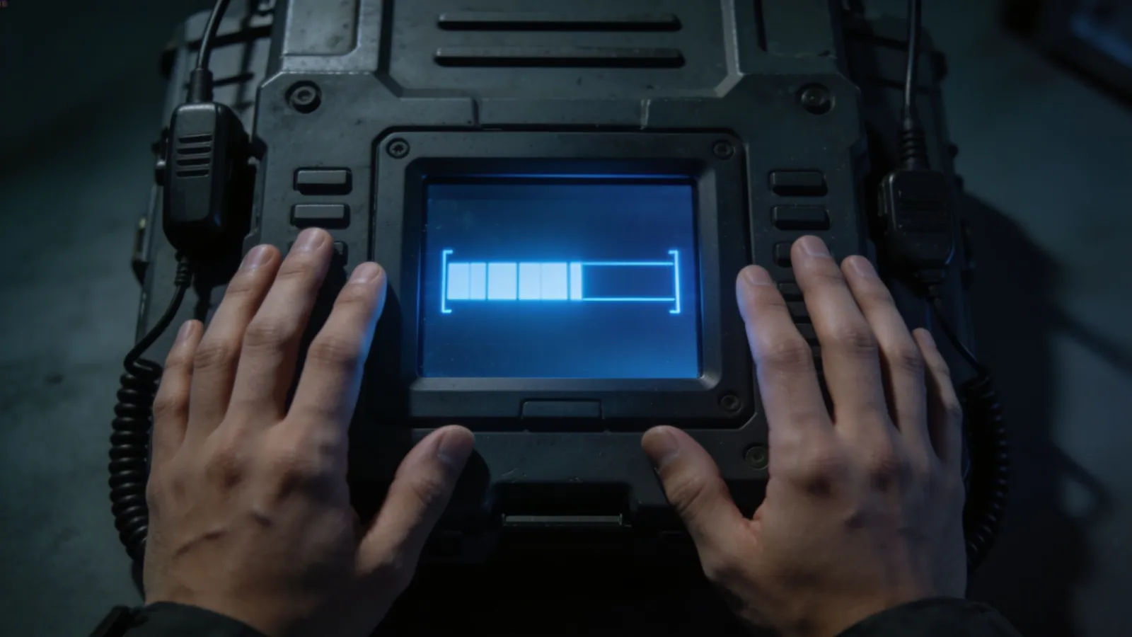 Hands at dark tactical comms console, cold meters