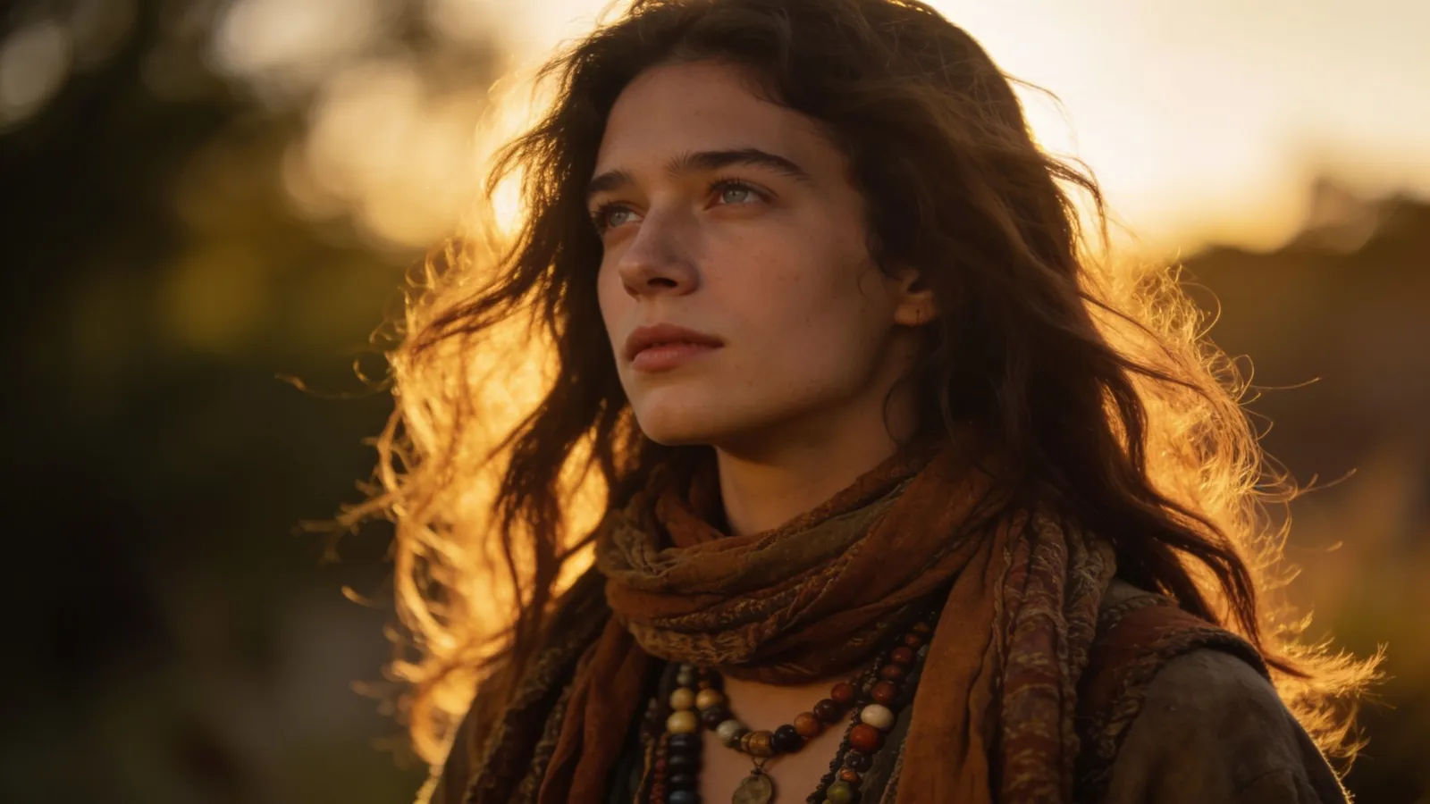 Free-spirited bohemian artist, flowing hair, golden backlight