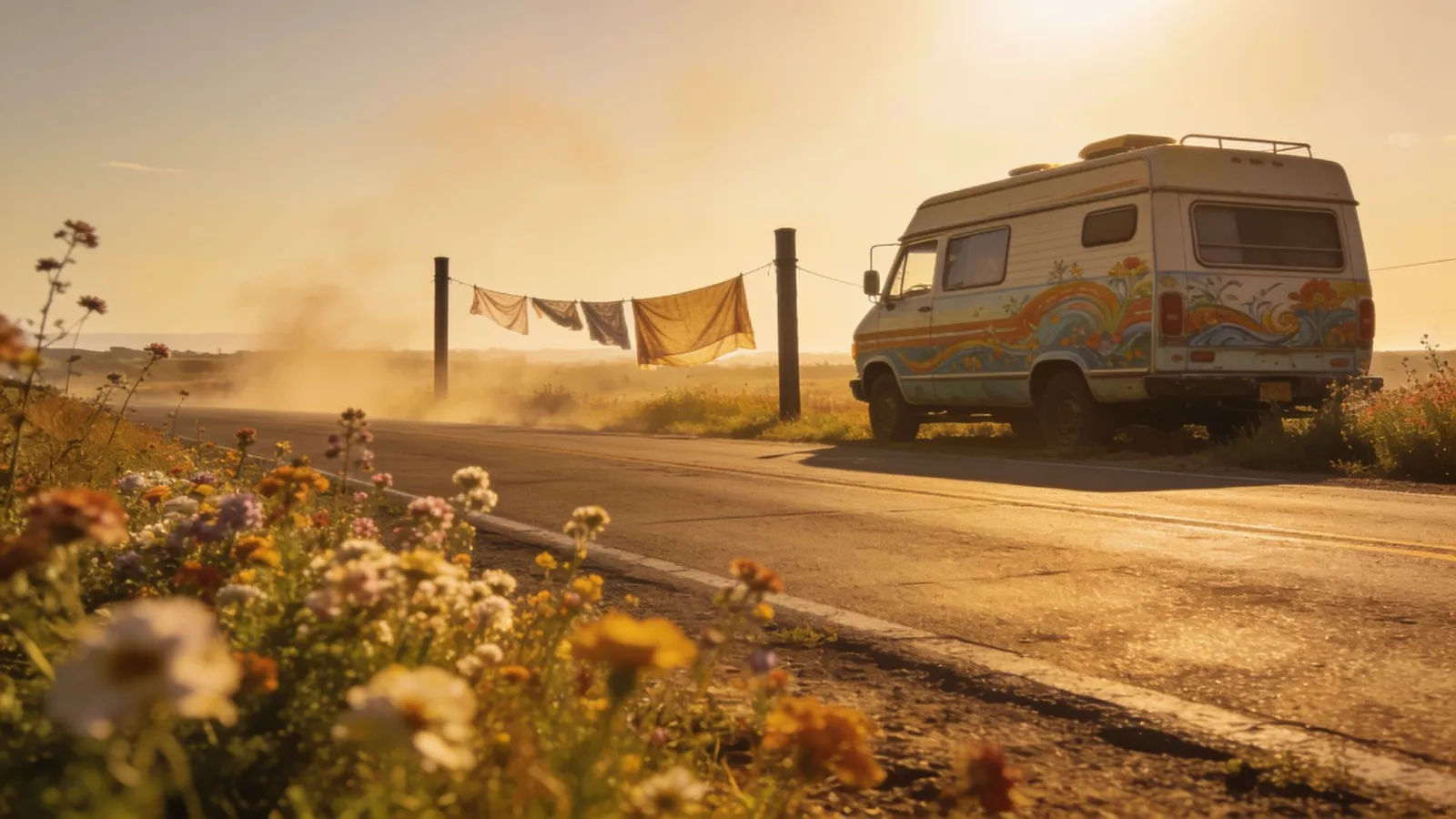 Sun-drenched open road with vintage camper van