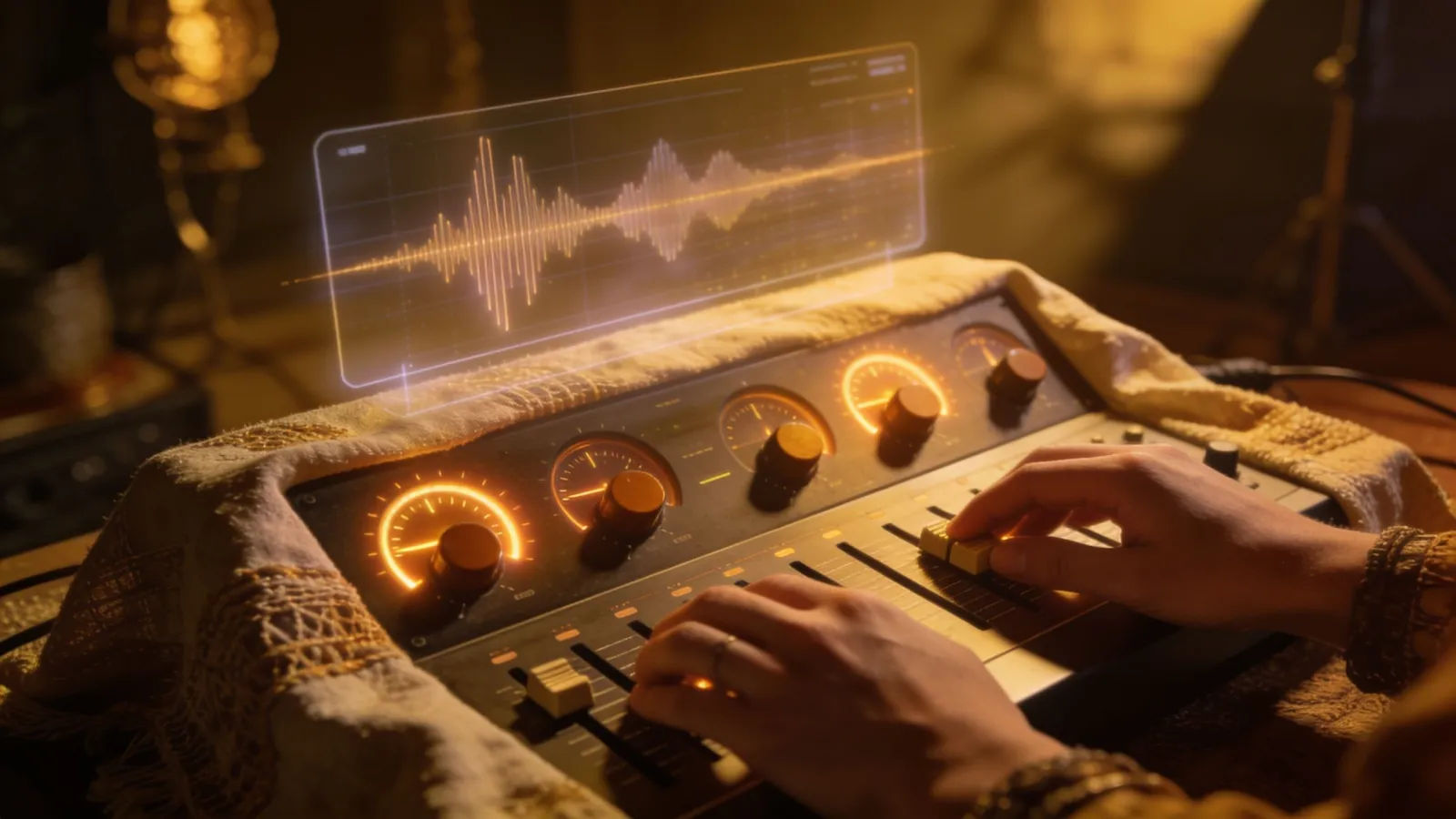 Hands at fabric-draped console with earthy audio dials