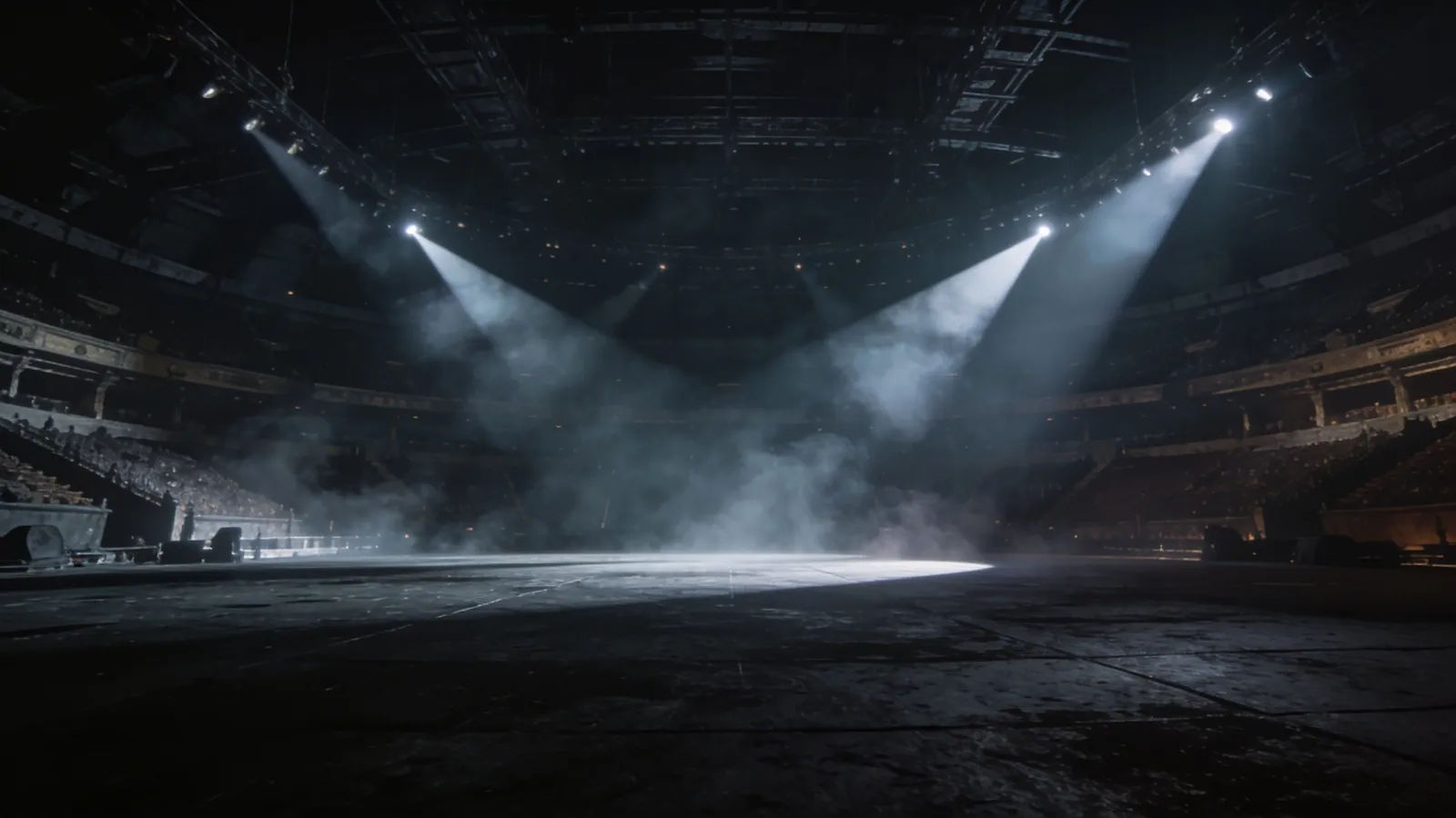Vast arena stage with sweeping spotlights and haze