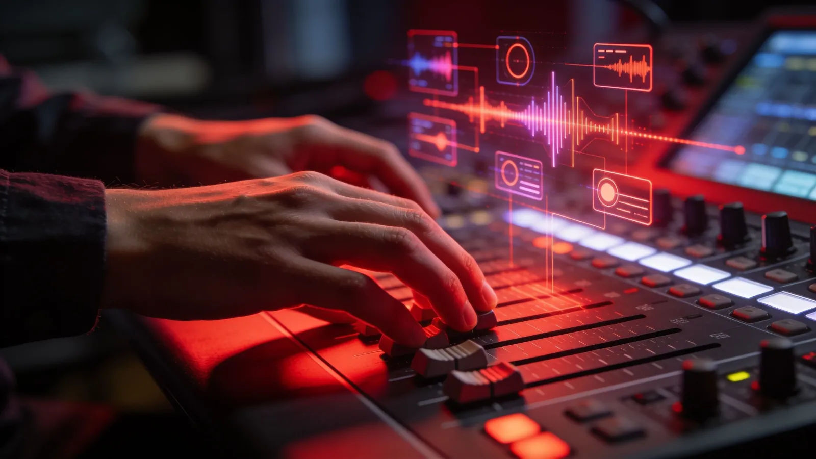 Hands on broadcast console in dramatic red light