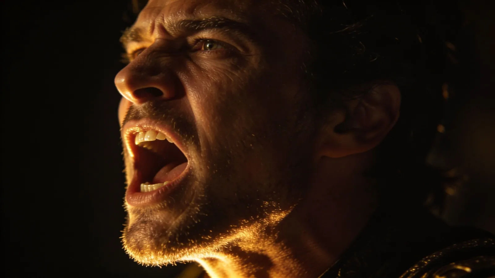 Commanding herald mid-proclamation in dramatic amber rim light