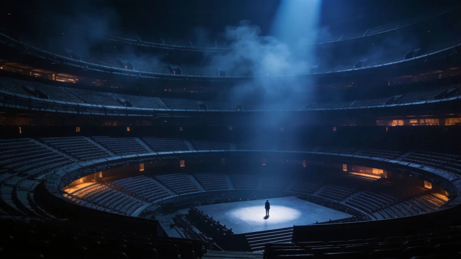 Lone spotlit figure in a vast darkened arena