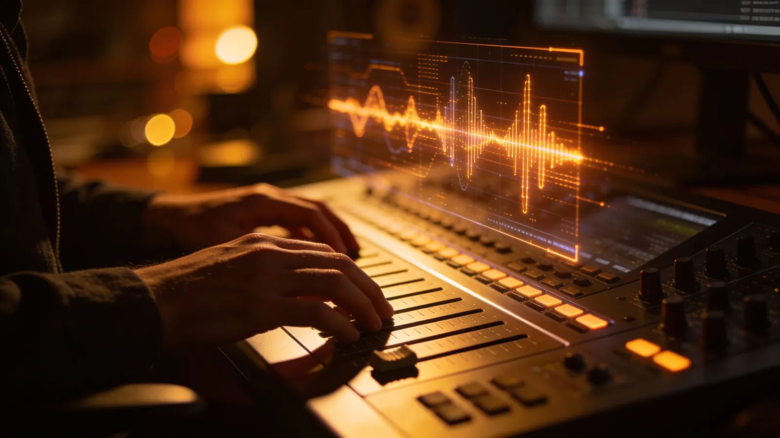 Hands on an audio console with glowing waveform