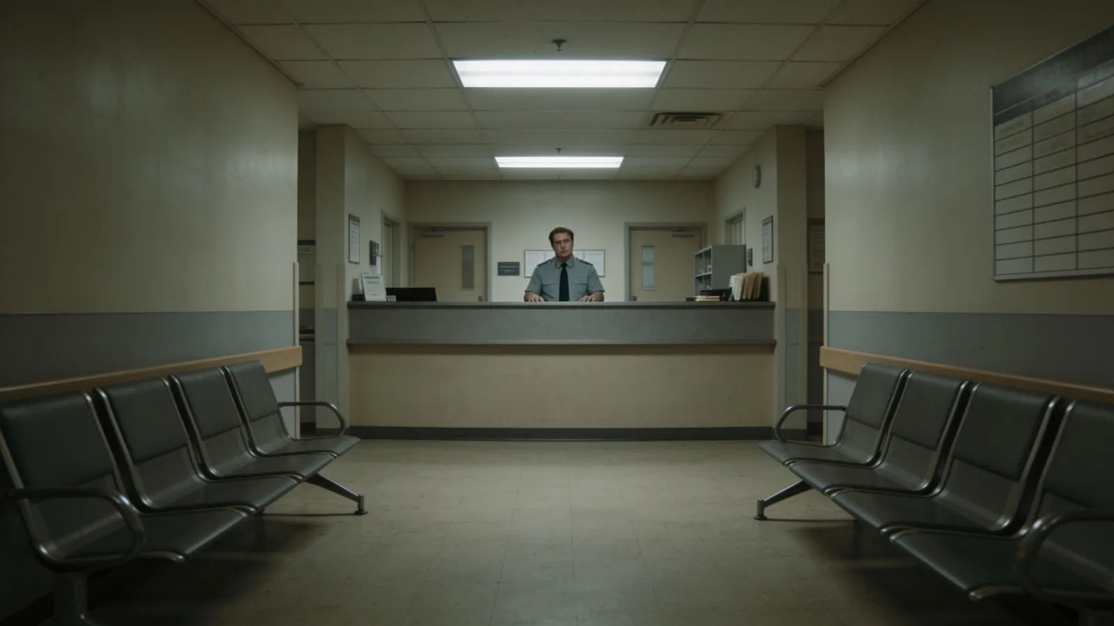Drab waiting room with a lone unenthused clerk