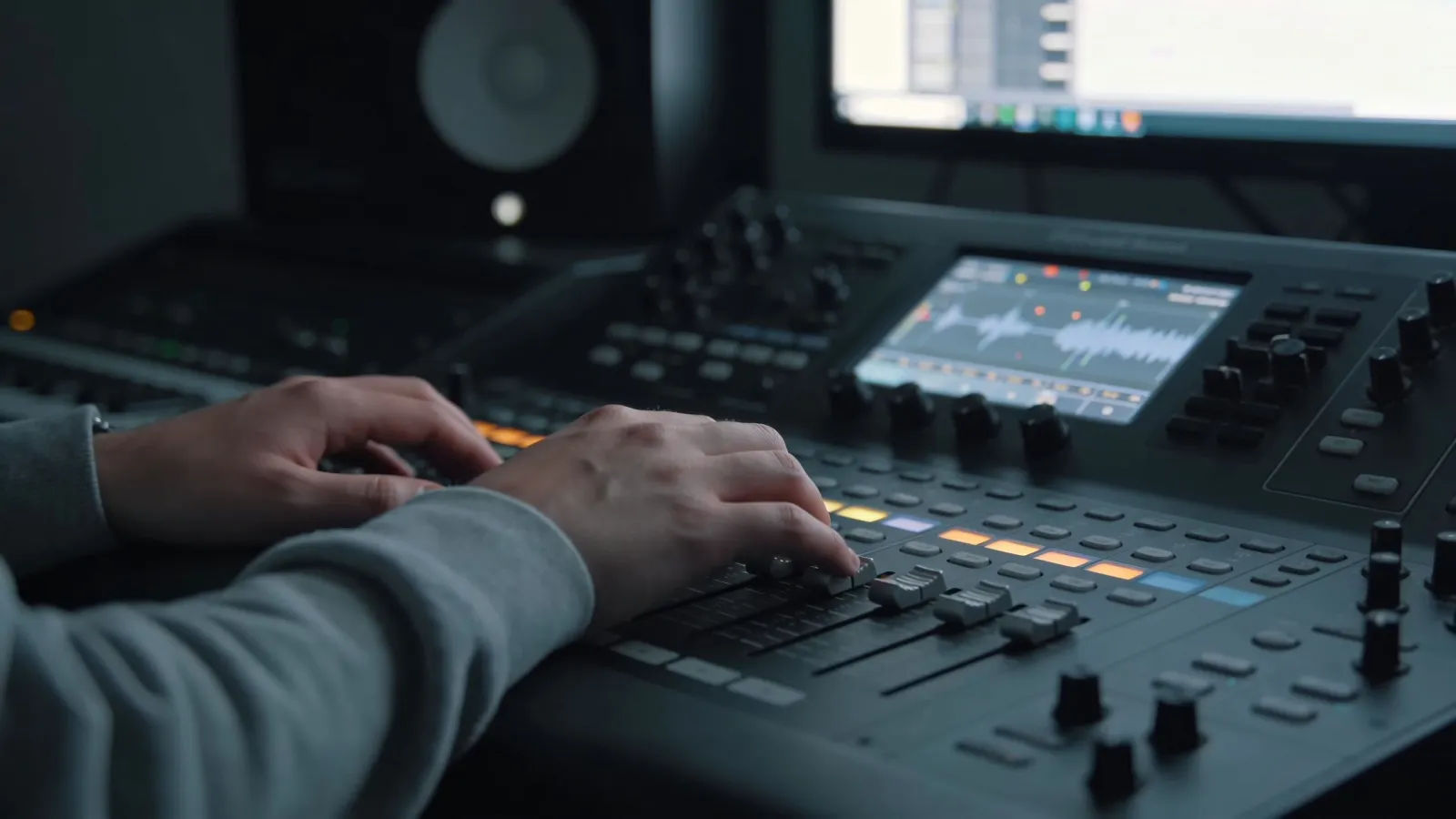Hands resting lazily at a dim audio console