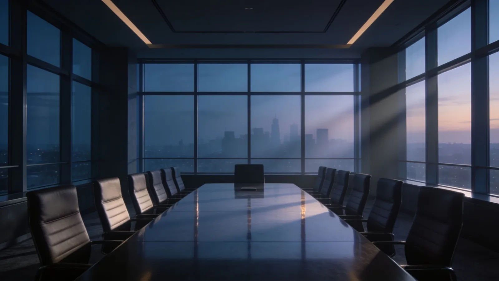 Sleek corporate boardroom at dusk