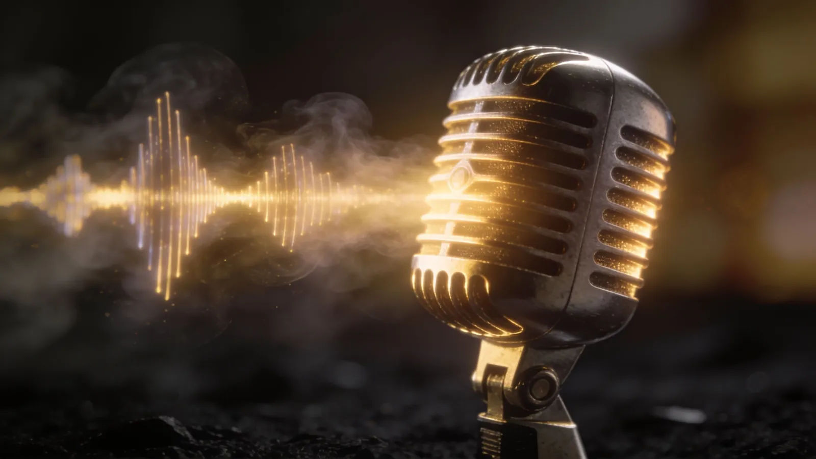 Glowing studio microphone with sound waveform