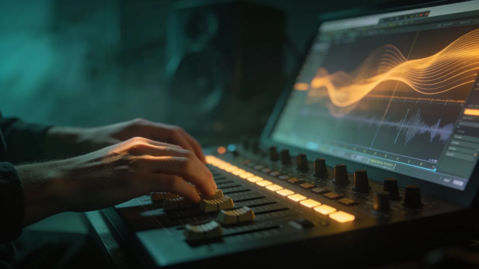 Hands on glowing audio mixing console
