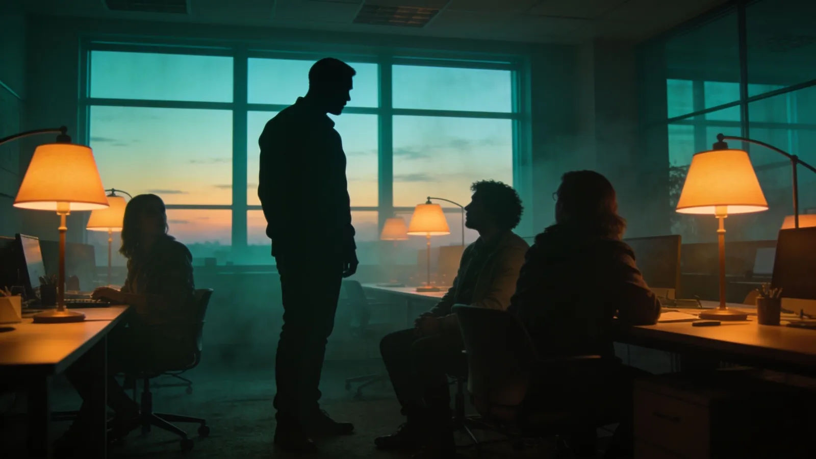 Lone figure standing over coworkers in dusk office