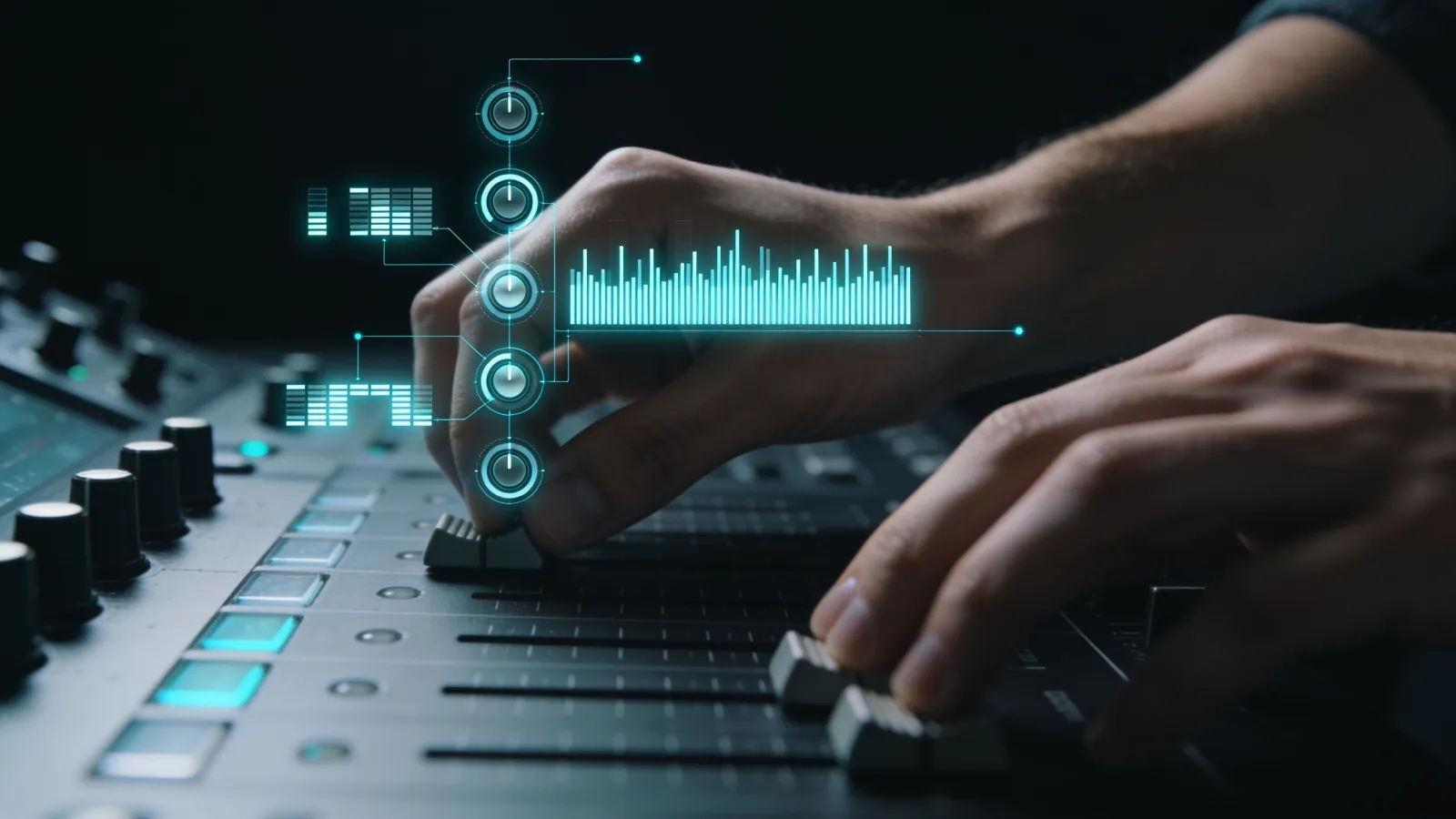 Hands on console adjusting cyan glowing audio interface