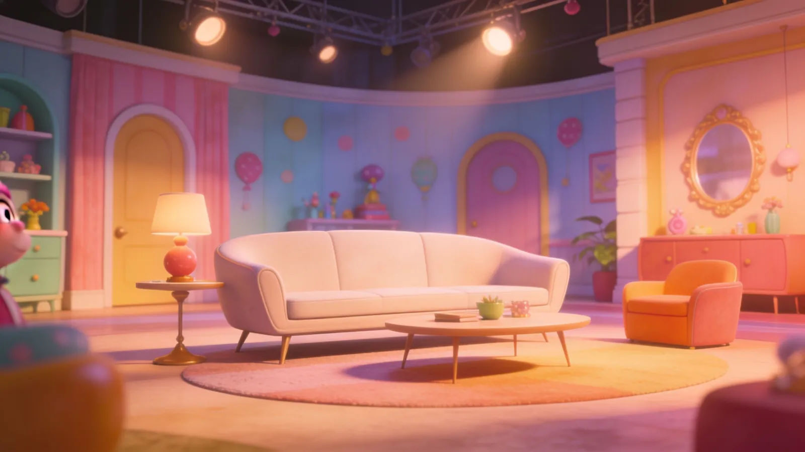 Bright colorful comedy sketch sound stage